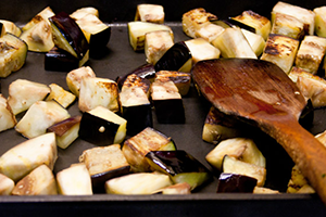 eggplant frying in a pan